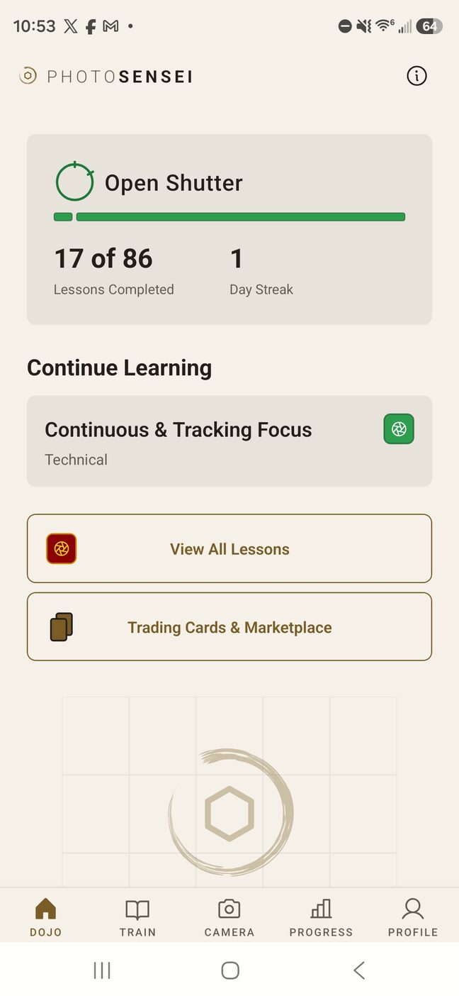 The DOJO screen at Open Shutter rank, showing seventeen of eighty-six lessons completed and a one day streak, with the Trading Cards & Marketplace button beneath View All Lessons.