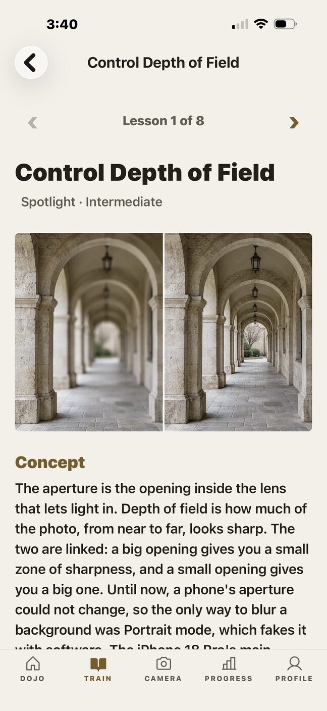 The Control Depth of Field mission, lesson one of eight in Gear Spotlight. The lesson illustration shows the same stone colonnade twice, side by side — the background blurred at a wide aperture on the left, sharp to the far end on the right.
