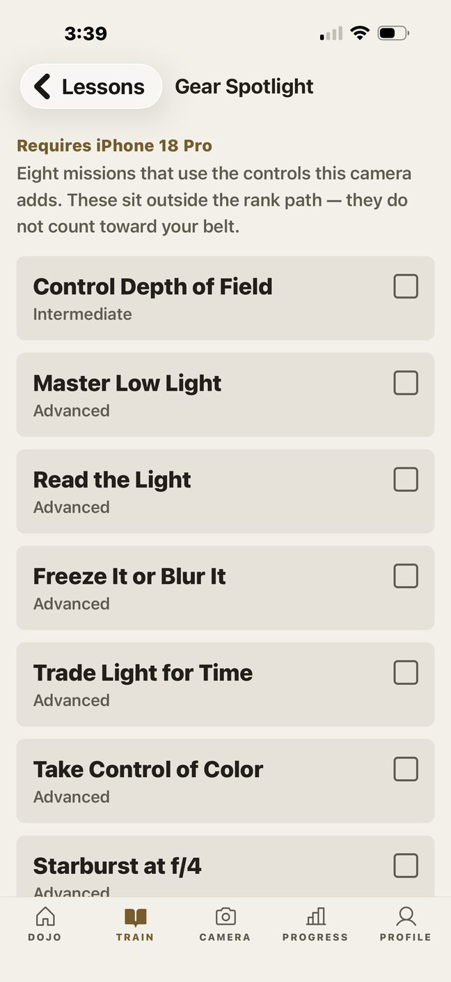 The Gear Spotlight list, reached from the TRAIN tab. A note says the eight missions use the controls this camera adds and sit outside the rank path, above the list beginning with Control Depth of Field and Master Low Light.