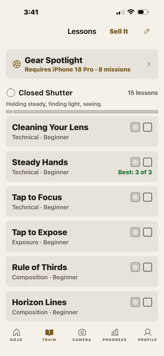 The Lessons list on the TRAIN tab. The Gear Spotlight button sits above the Closed Shutter rank, reading “Requires iPhone 18 Pro · 8 missions”, and Sell It sits in the top right beside Lessons.