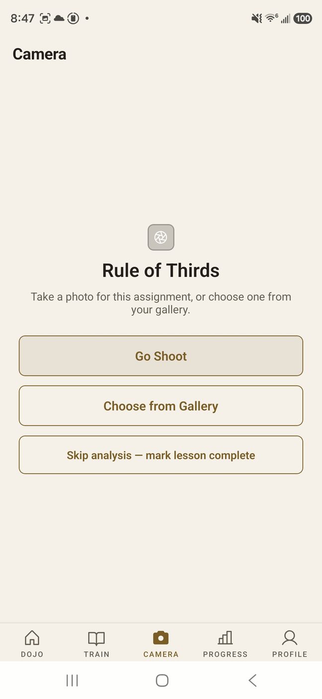 The CAMERA screen carrying the Rule of Thirds assignment, offering Go Shoot, Choose from Gallery, or skip the analysis and mark the lesson complete.