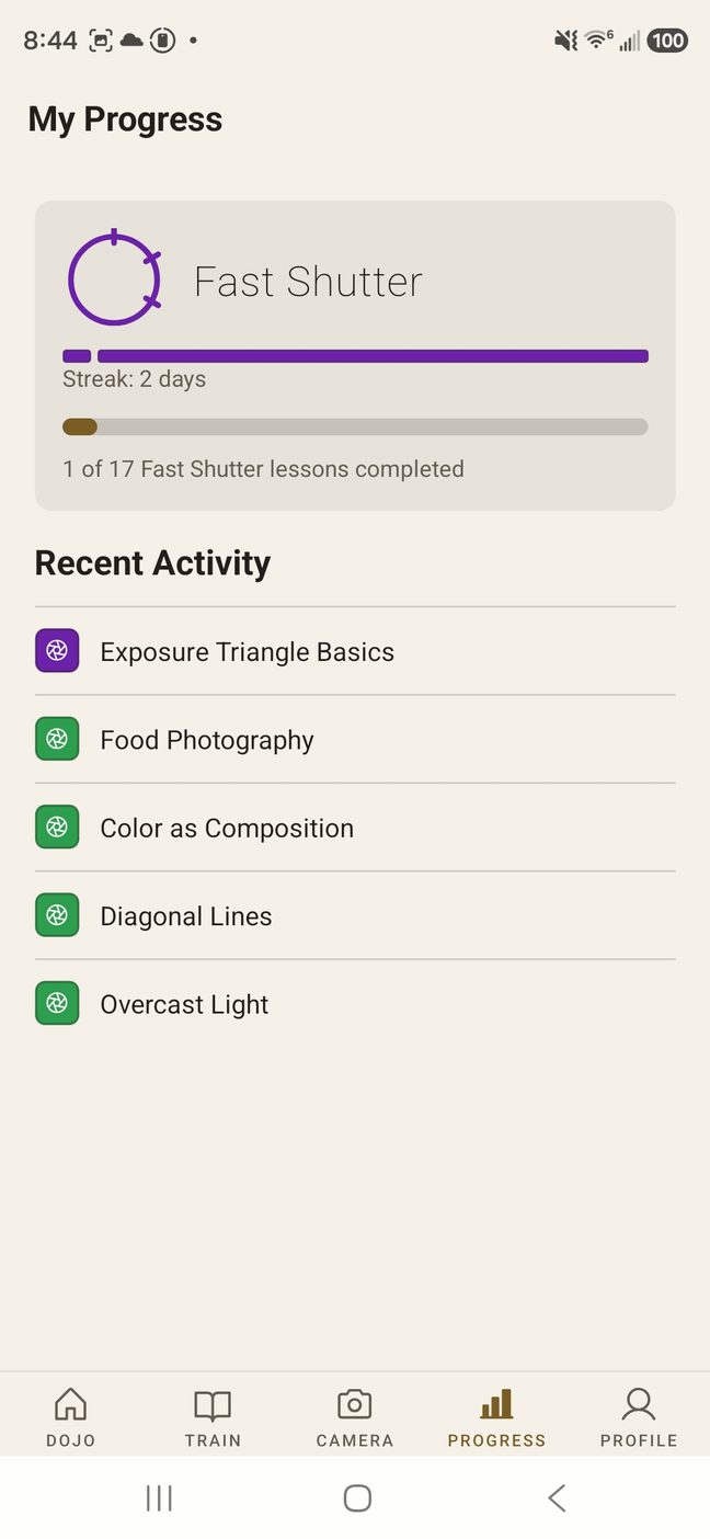 The PROGRESS screen at Fast Shutter rank, showing a two day streak, one of seventeen Fast Shutter lessons completed, and a Recent Activity list of five lessons.