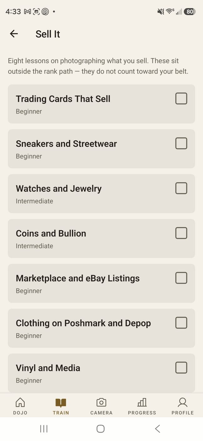 The Sell It list, reached from the TRAIN tab. A note says the eight lessons sit outside the rank path and do not count toward your belt, above the list beginning with Trading Cards That Sell, Sneakers and Streetwear and Watches and Jewelry, each marked Beginner or Intermediate.